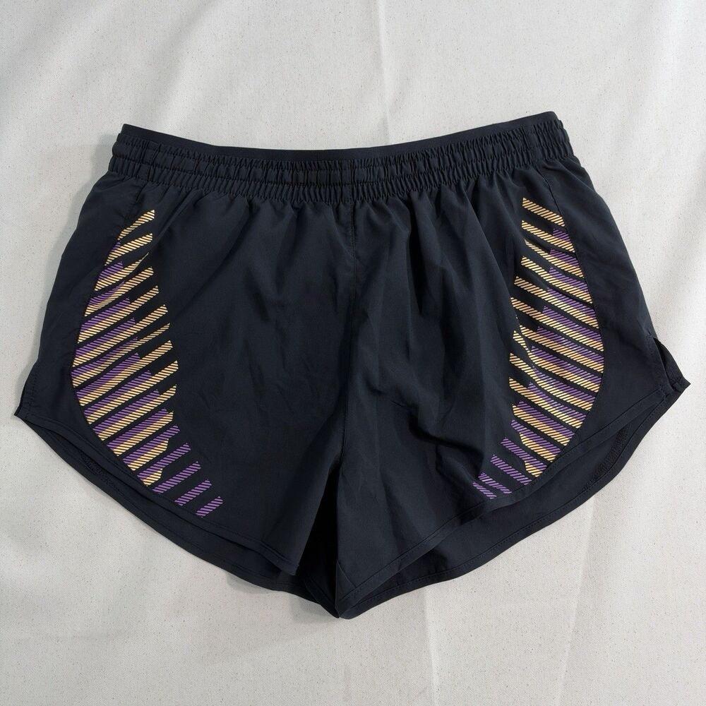 Nike Womens Dri-FIT Running Shorts Black Purple Yellow Graphic Size M